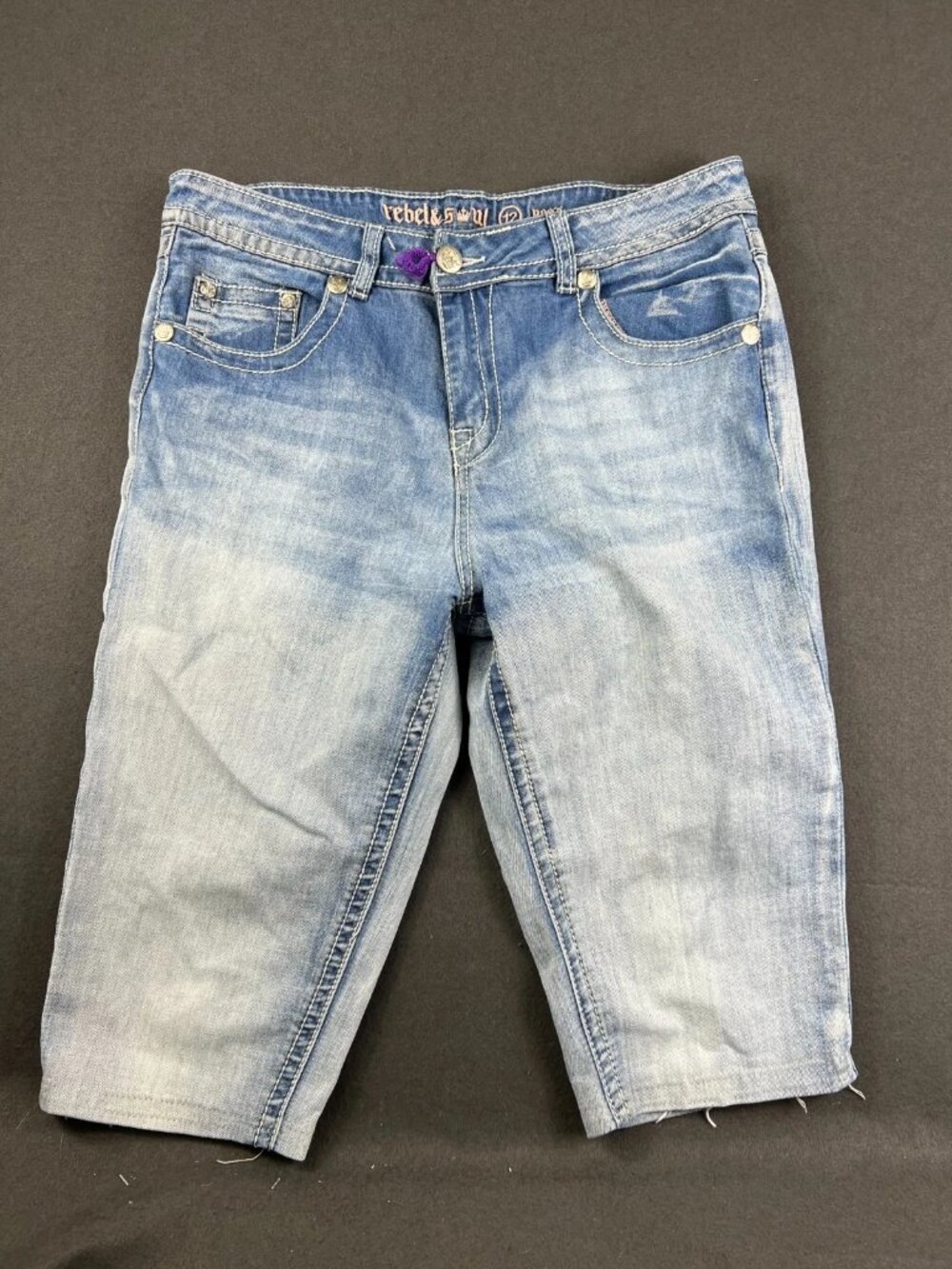 Rebel & Soul Womens Blue Denim Boot Capri Jeans Embellished Pockets Size 12